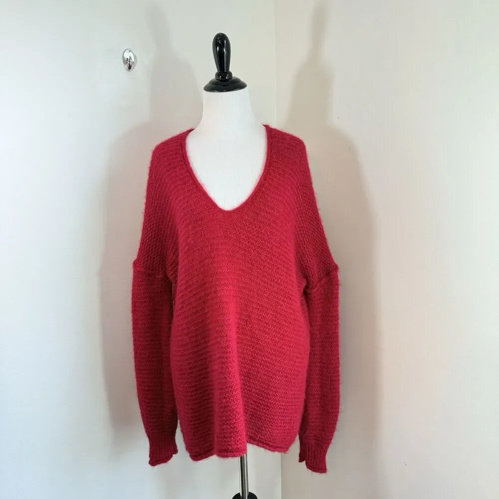 Free People All Mine Sweater Raspberry Red Alpaca Wool Cotton Cozy Oversize XS